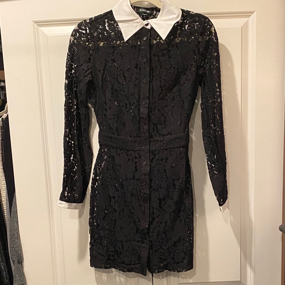 NWT Bebe Collared Black Lace Tilda Mini Dress. Size 00.